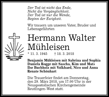 Anzeige von Hermann Walter Mühleisen von Reutlinger General-Anzeiger