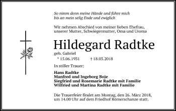 Anzeige von Hildegard Radtke von Reutlinger General-Anzeiger