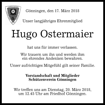 Anzeige von Hugo Ostermaier von Reutlinger General-Anzeiger