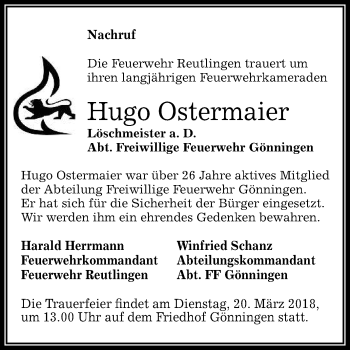 Anzeige von Hugo Ostermaier von Reutlinger General-Anzeiger