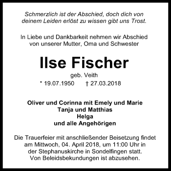 Anzeige von Ilse Fischer von Reutlinger General-Anzeiger