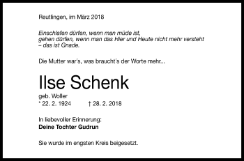 Anzeige von Ilse Schenk von Reutlinger General-Anzeiger