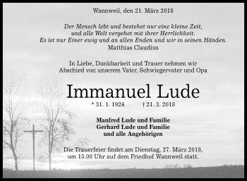 Anzeige von Immanuel Lude von Reutlinger General-Anzeiger