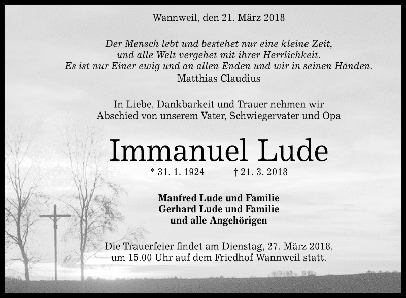  Traueranzeige für Immanuel Lude vom 24.03.2018 aus Reutlinger General-Anzeiger