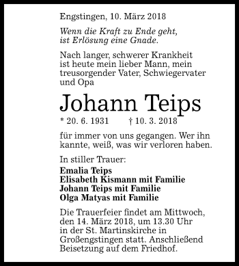 Anzeige von Johann Teips von Reutlinger General-Anzeiger