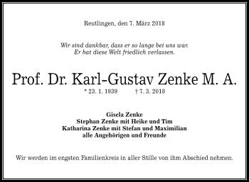 Anzeige von Karl-Gustav Zenke von Reutlinger General-Anzeiger