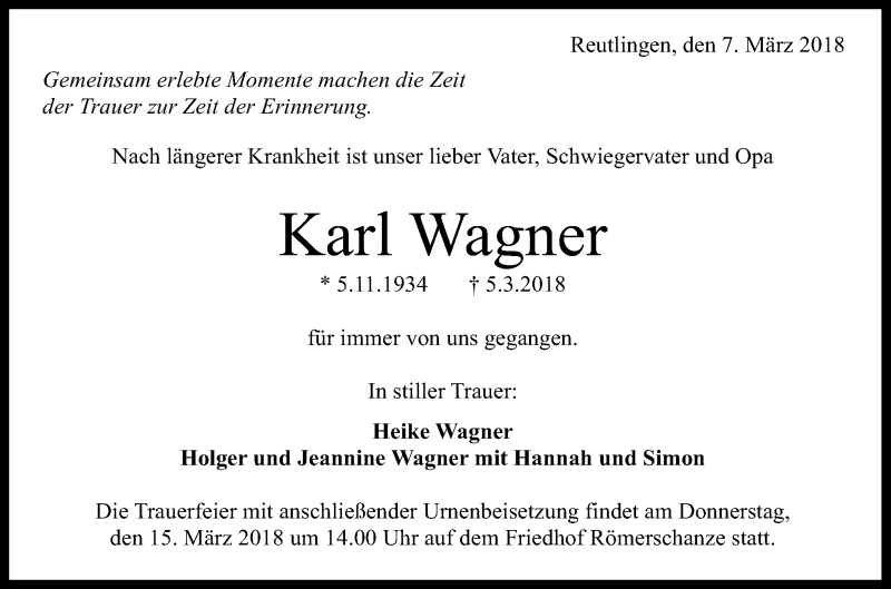 Traueranzeigen Von Karl Wagner Trauer Gea De