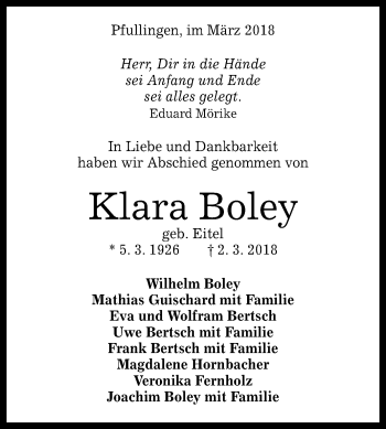 Anzeige von Klara Boley von Reutlinger General-Anzeiger