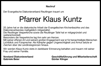 Anzeige von Klaus Kuntz von Reutlinger General-Anzeiger