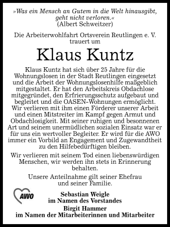 Anzeige von Klaus Kuntz von Reutlinger General-Anzeiger