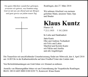 Anzeige von Klaus Kuntz von Reutlinger General-Anzeiger