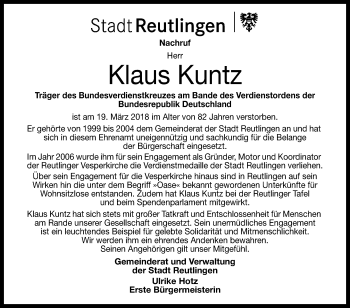 Anzeige von Klaus Kuntz von Reutlinger General-Anzeiger