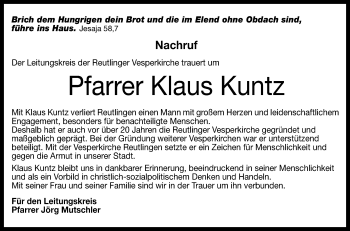 Anzeige von Klaus Kuntz von Reutlinger General-Anzeiger