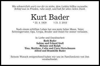 Anzeige von Kurt Bader von Reutlinger General-Anzeiger