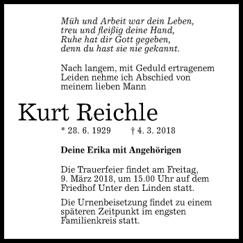 Anzeige von Kurt Reichle von Reutlinger General-Anzeiger
