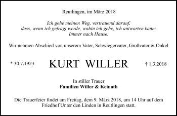 Anzeige von Kurt Willer von Reutlinger General-Anzeiger