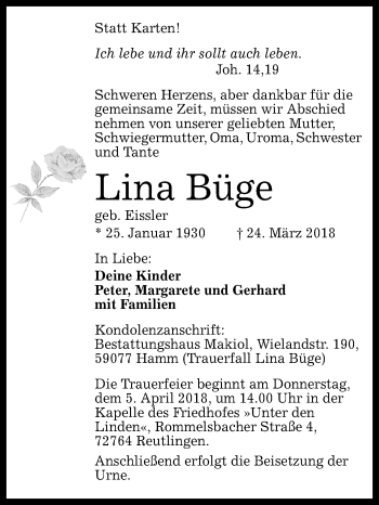 Anzeige von Lina Büge von Reutlinger General-Anzeiger