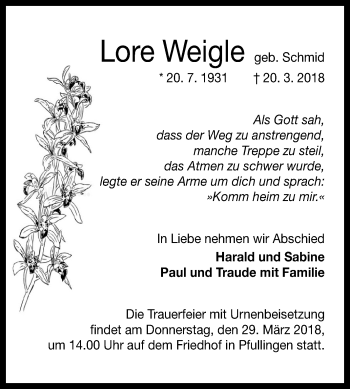 Anzeige von Lore Weigle von Reutlinger General-Anzeiger