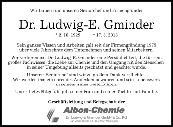 Anzeige von Ludwig-E. Gminder von Reutlinger General-Anzeiger