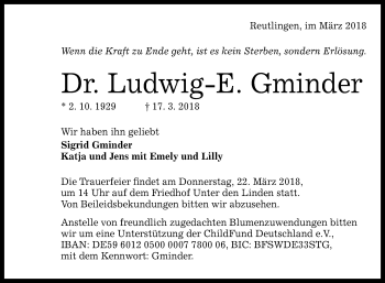 Anzeige von Ludwig-E. Gminder von Reutlinger General-Anzeiger
