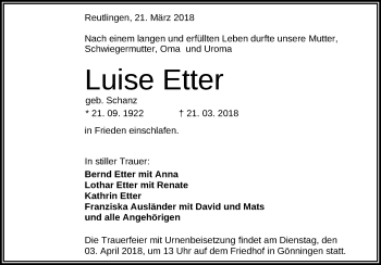 Anzeige von Luise Etter von Reutlinger General-Anzeiger