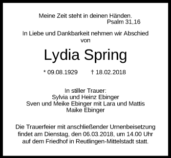 Anzeige von Lydia Spring von Reutlinger General-Anzeiger