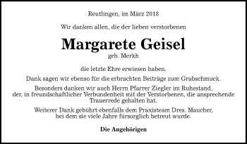 Anzeige von Margarete Geisel von Reutlinger General-Anzeiger