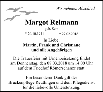 Anzeige von Margot Reimann von Reutlinger General-Anzeiger