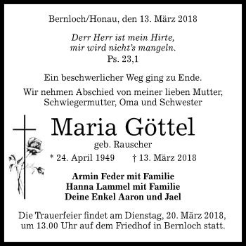 Anzeige von Maria Göttel von Reutlinger General-Anzeiger