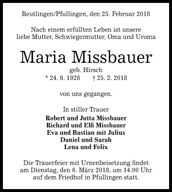 Anzeige von Maria Missbauer von Reutlinger General-Anzeiger