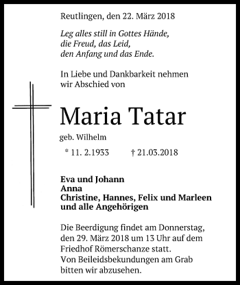 Anzeige von Maria Tatar von Reutlinger General-Anzeiger