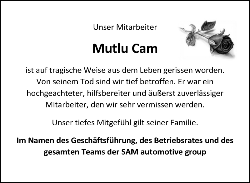  Traueranzeige für Mutlu Cam vom 28.03.2018 aus Reutlinger General-Anzeiger