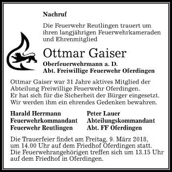 Anzeige von Ottmar Gaiser von Reutlinger General-Anzeiger