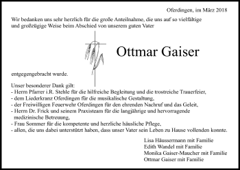 Anzeige von Ottmar Gaiser von Reutlinger General-Anzeiger