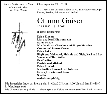 Anzeige von Ottmar Gaiser von Reutlinger General-Anzeiger