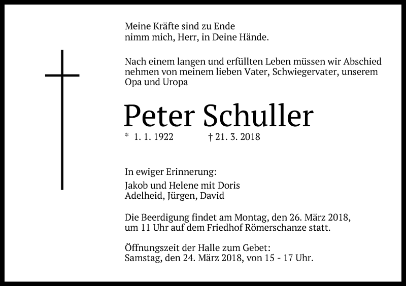  Traueranzeige für Peter Schuller vom 24.03.2018 aus Reutlinger General-Anzeiger