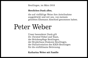 Anzeige von Peter Weber von Reutlinger General-Anzeiger