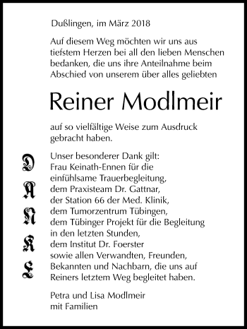 Anzeige von Reiner Modlmeir von Reutlinger General-Anzeiger