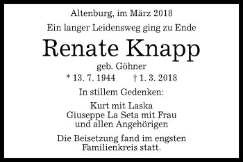 Anzeige von Renate Knapp von Reutlinger General-Anzeiger