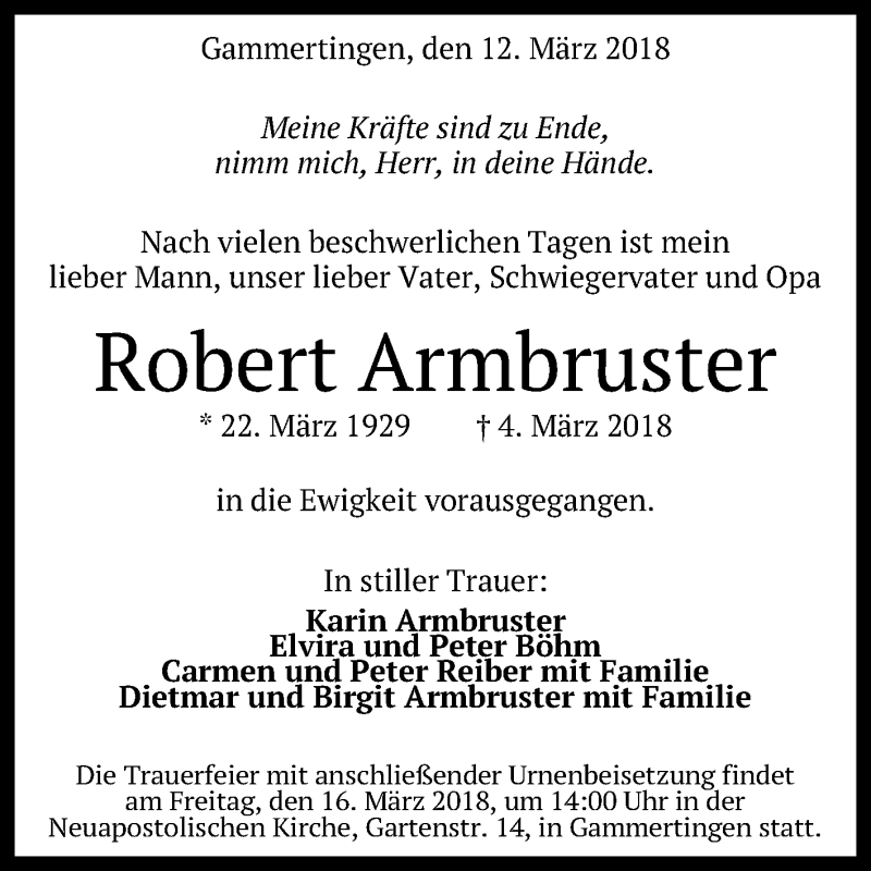 Traueranzeige für Robert Armbruster vom 12.03.2018 aus Reutlinger General-Anzeiger