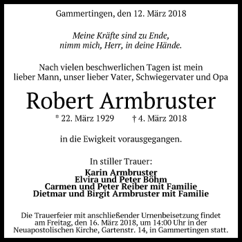 Anzeige von Robert Armbruster von Reutlinger General-Anzeiger