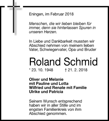 Anzeige von Roland Schmid von Reutlinger General-Anzeiger