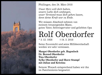 Anzeige von Rolf Oberdorfer von Reutlinger General-Anzeiger