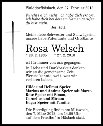 Anzeige von Rosa Welsch von Reutlinger General-Anzeiger