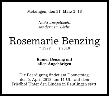 Anzeige von Rosemarie Benzing von Reutlinger General-Anzeiger