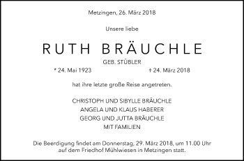 Anzeige von Ruth Brächle von Reutlinger General-Anzeiger