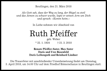 Anzeige von Ruth Pfeiffer von Reutlinger General-Anzeiger