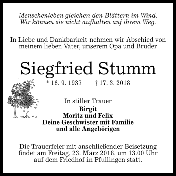 Anzeige von Siegfried Stumm von Reutlinger General-Anzeiger