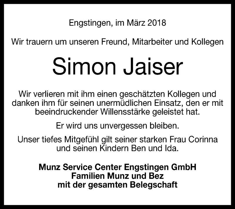 Traueranzeige für Simon Jaiser vom 21.03.2018 aus Reutlinger General-Anzeiger