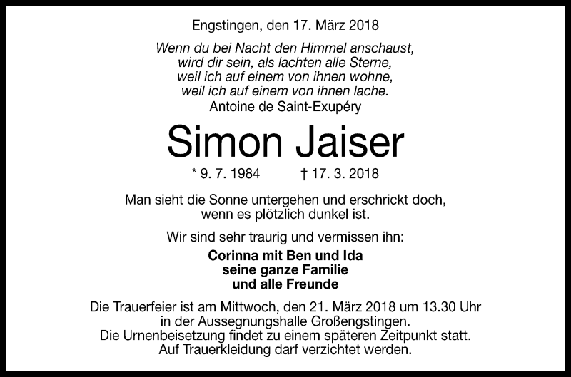  Traueranzeige für Simon Jaiser vom 19.03.2018 aus Reutlinger General-Anzeiger
